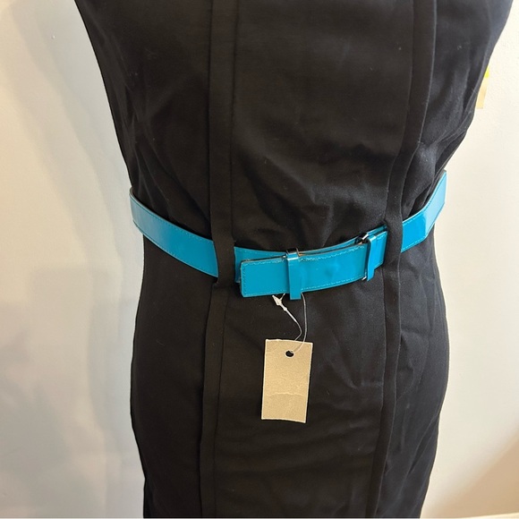 Carbon Black Sheath Dress with Blue Accent Belt A3 - Picture 3 of 11